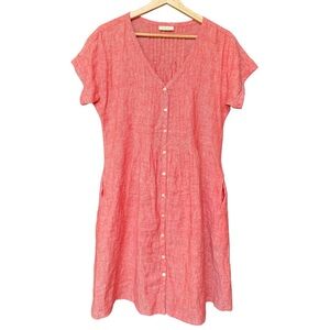 Poetry Linen Pin-tuck Button Front Linen Mini Dress | Coral-Red | Size 6